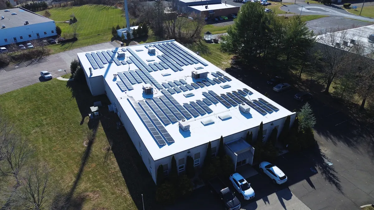 Commercial solar panel array installed on a commercial building
