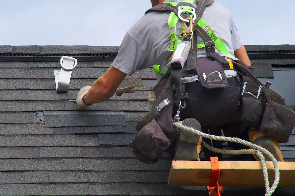 Roofing contractor wearing a safety harness and tool belt while installing asphalt shingles on a residential roof