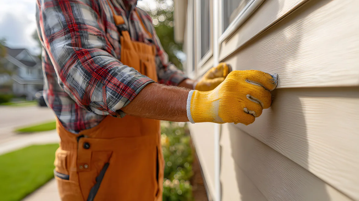 Person installing siding on house