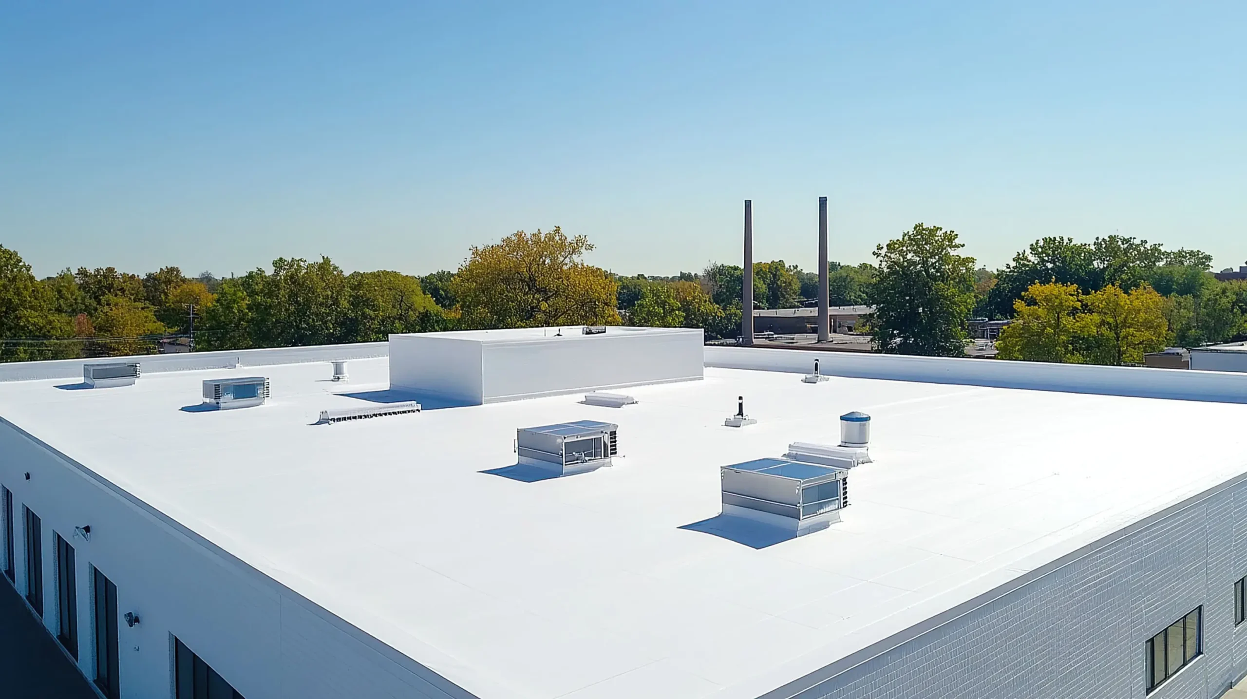 Commercial roofing system on a flat roof commercial building, showcasing professional installation suitable for repair or commercial roof replacement