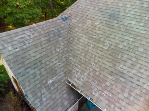 Aerial view of a residential asphalt shingle roof