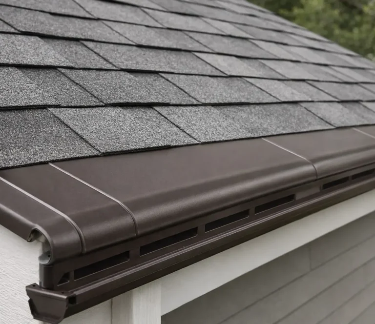 brown solid gutter guard on new roof with gray shingles