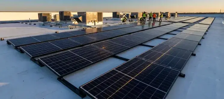 Commercial rooftop solar panel installation with rows of photovoltaic panels on a flat white roof at sunset